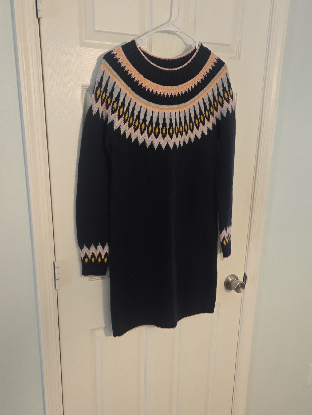 Boden Navy Fair Isle Long-Sleeve Sweater Dress with Pink & Yellow Accents